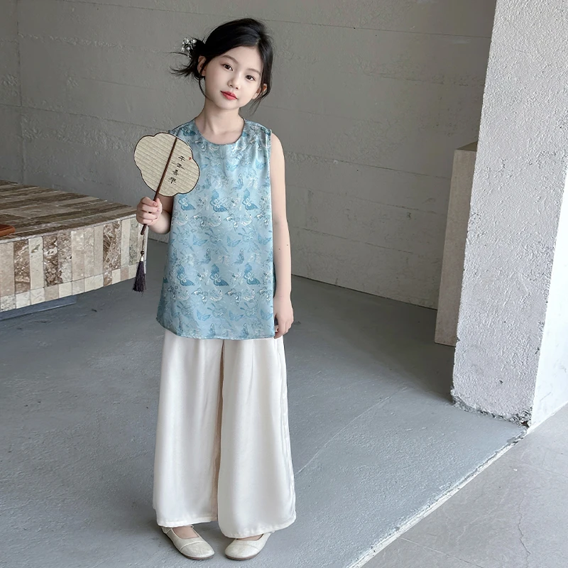 女童2025夏季新款儿童国风旗袍上衣休闲直筒裤套装新中式两件套潮