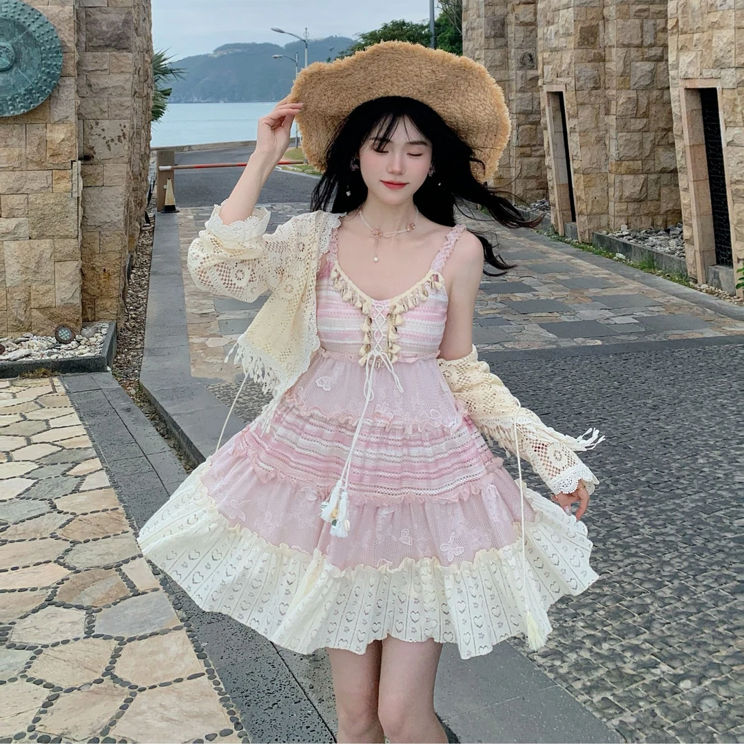 Blovelan白桃夭夭 甜美少女气质粉色晕染分层针织吊带裙