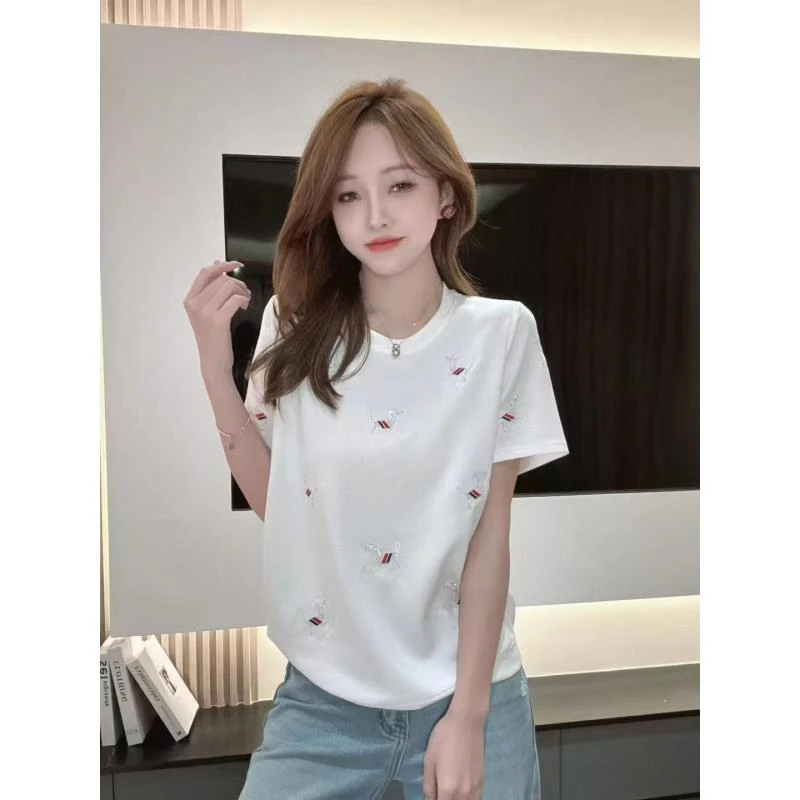 NM1083 （聚水潭）时尚宽松圆领重工T恤显瘦休闲打底衫女士短袖T恤