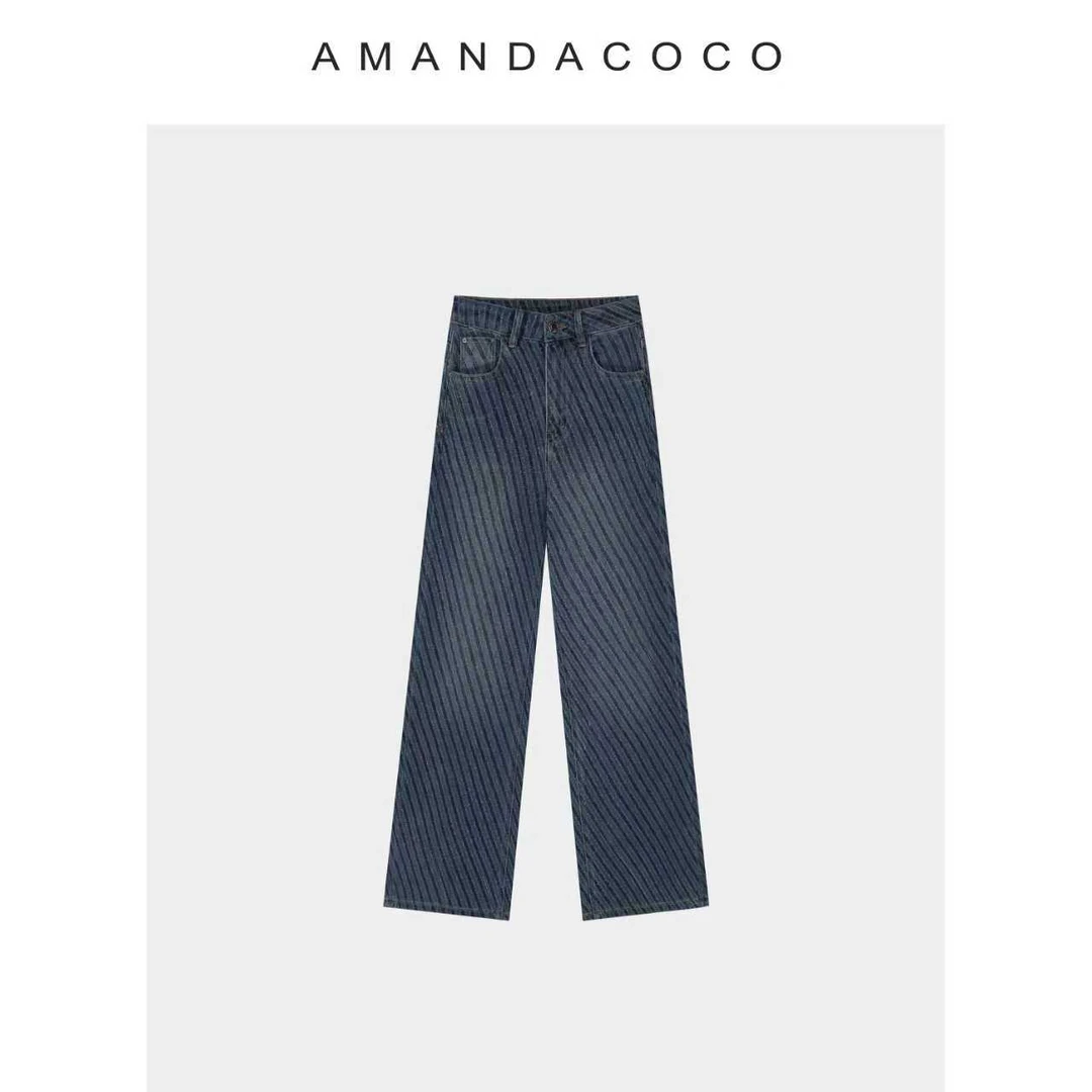 牛仔定律～25秋冬设计感斜纹烫钻时髦显瘦牛仔阔腿裤