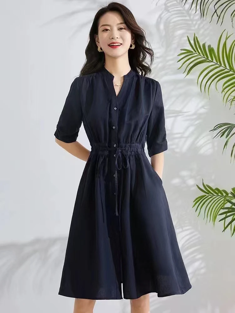 CG6215连衣裙裙子夏季休闲百搭轻职风女装女士时尚高腰显瘦纯色