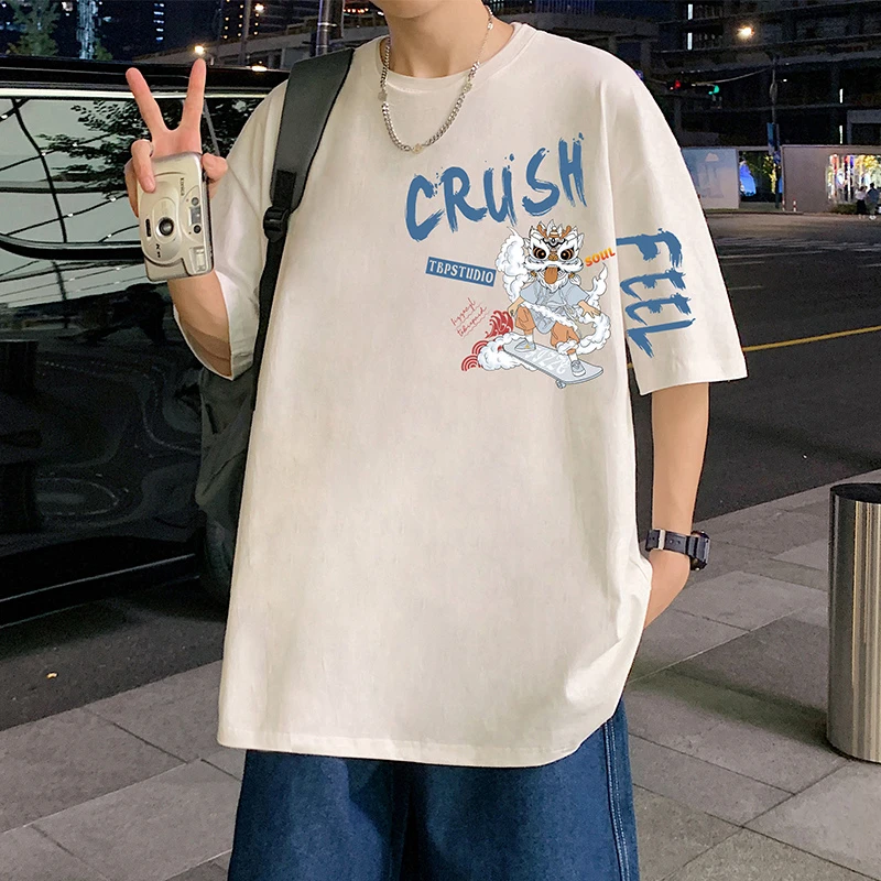 新款夏季宽松短袖T恤落肩袖纯棉男装趣味卡通印花港风男士体恤衫