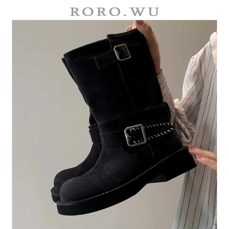 娆娆吴·牛反绒秋冬新款西部靴中筒扣带日常百搭沙漠靴女靴X456