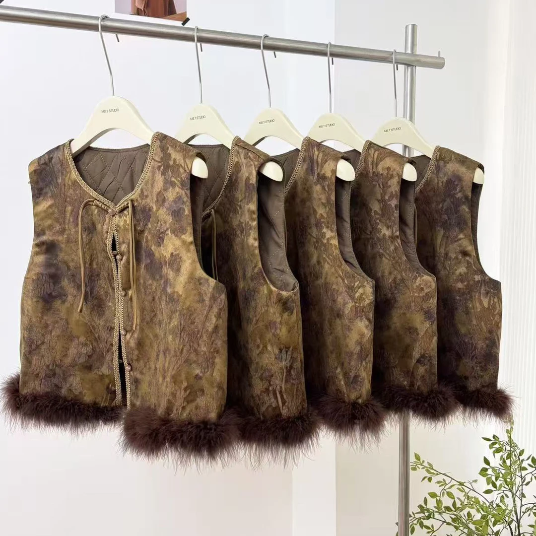 唐装纽扣春季新中式植物花卉马夹黄色提花