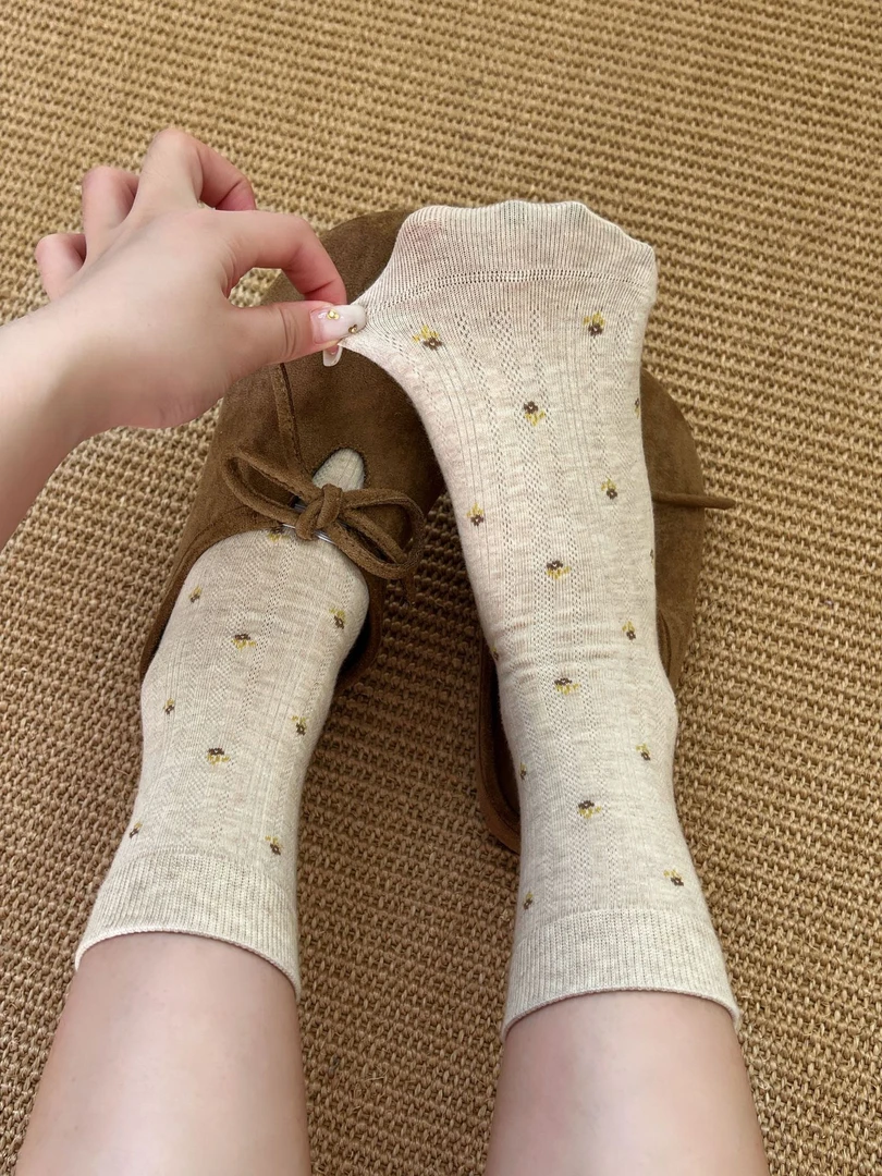 秋季小碎花复古堆堆袜女色纺精梳棉无骨中筒袜日韩ins风清新袜子