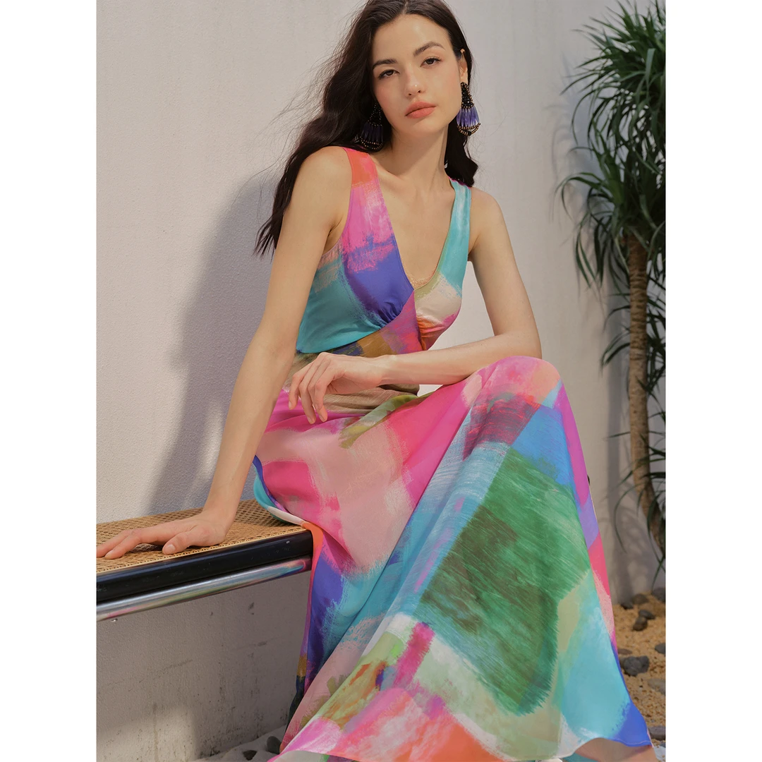 Daily Romance25夏欧洲艺术家联名立体斜裁浪漫大裙摆彩虹真丝裙