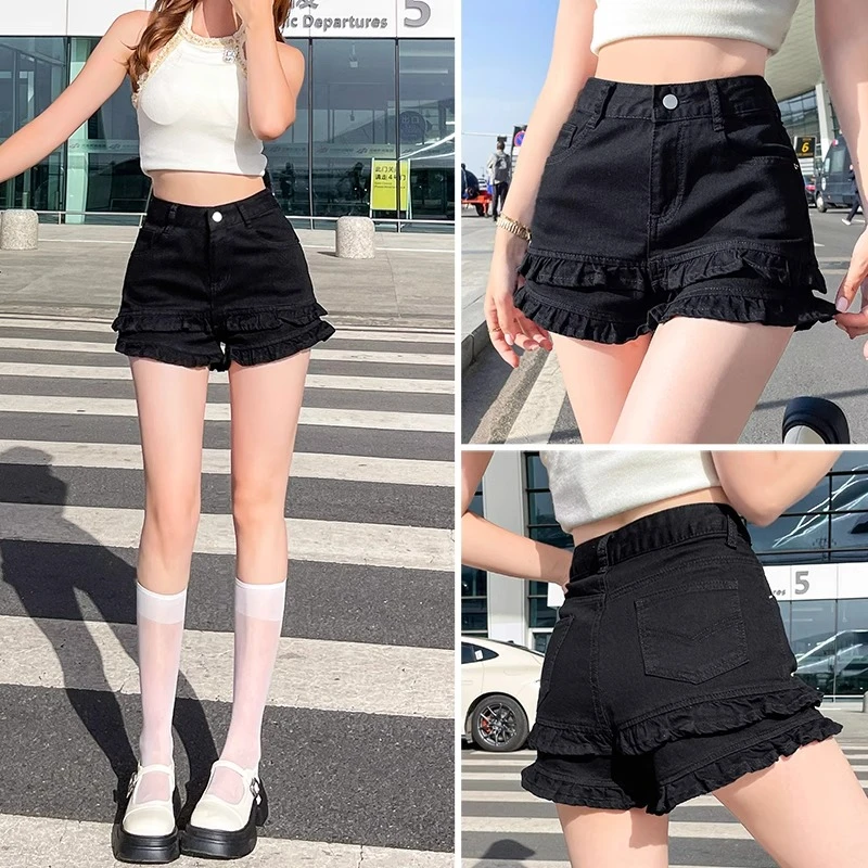 荷叶边黑色牛仔短裤女夏季薄款2025年新款设计感辣妹高腰花边热裤