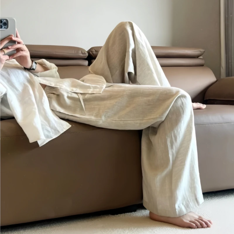 AMAZCOOL 5166复古文艺慵懒垂感亚麻阔腿裤休闲裤