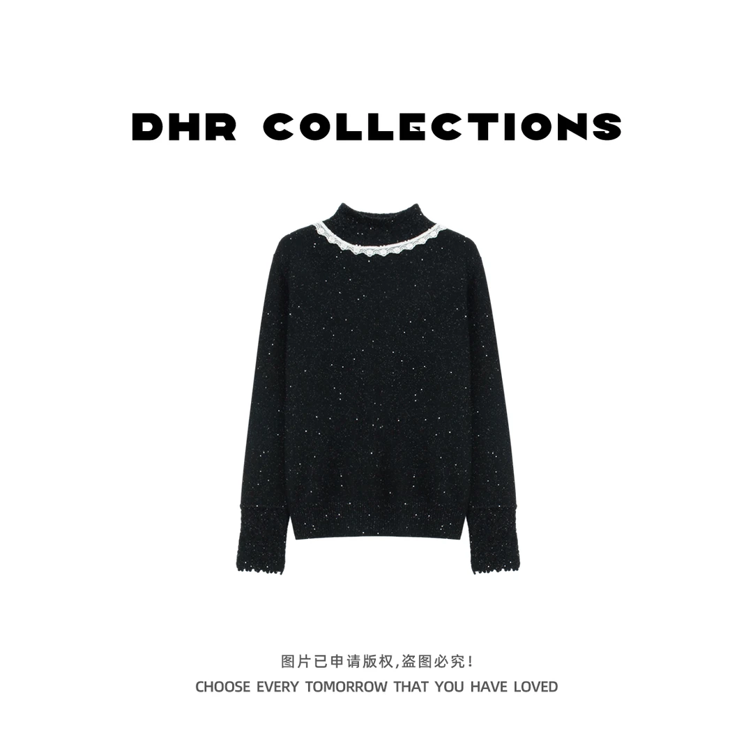 豆豆DA【巴黎星夜】绵羊毛领口花边套头针织衫百搭毛衣-5315825DM