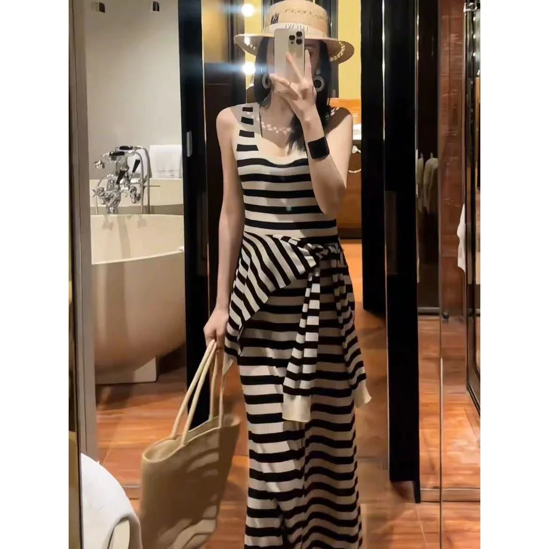 韩系设计感条纹撞色无袖背心女夏法式收腰显瘦长裙披肩通勤套装气