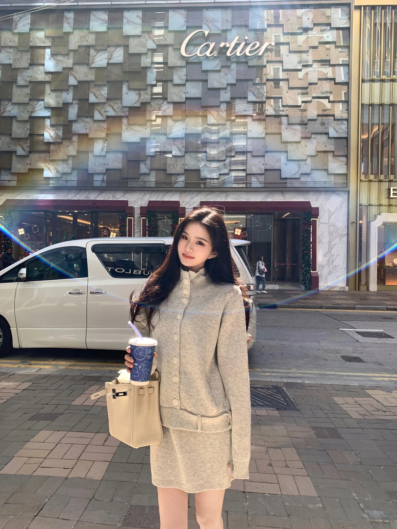 港风复古老钱风单排扣立领长袖针织上衣外套高腰显瘦半裙针织套装