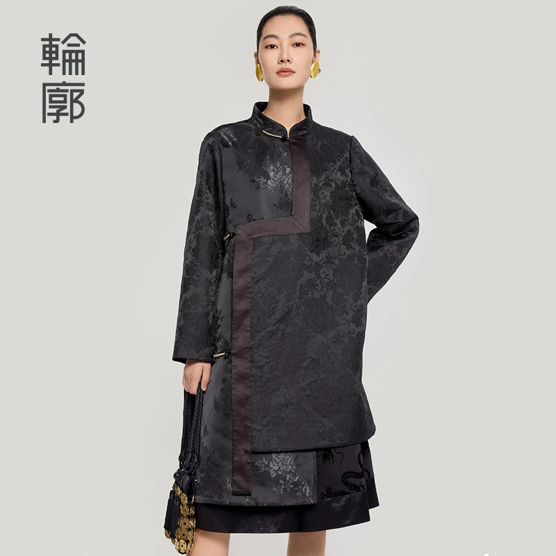轮廓吉顺L251Y020中国风廓形提花风衣复古时尚百搭中长外衣黑