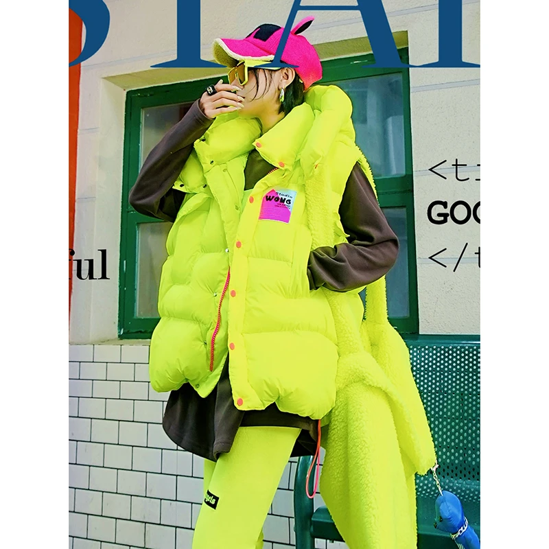 荧光绿彩色休闲防寒马甲冬款玫红字母贴布连帽加厚棉服外套JYF35