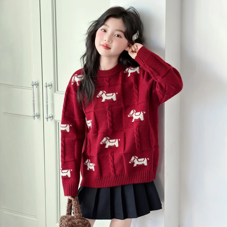 6-12岁兄妹姐弟装女童红色毛衣儿童小马拜年服男童针织衫内搭外穿