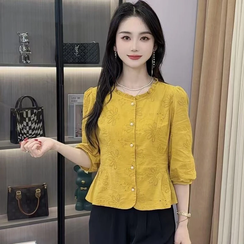 时尚气质法式花边圆领中袖衬衫女夏秋季新款洋气显瘦减龄百搭上衣