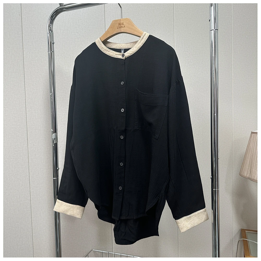 2C001   春季新款宽松拼色圆领长袖休闲衬衫女