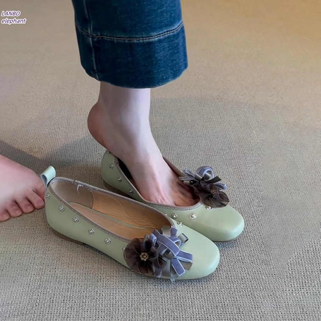 羊皮版~百搭新款设计扣扣鞋女一脚蹬浅口圆头平底鞋浅口真皮单鞋