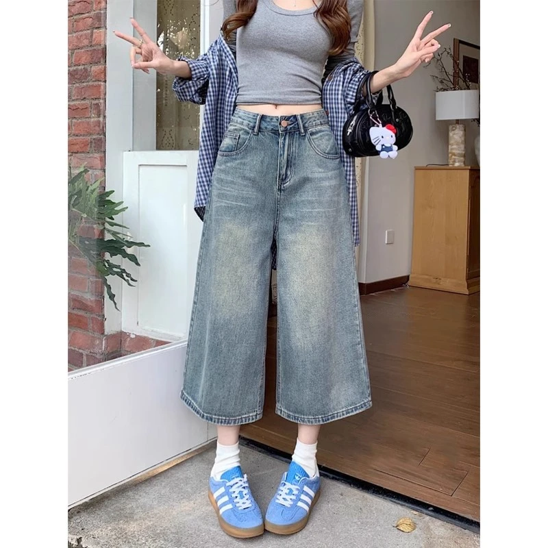 【简约双色 免费试穿】微胖mm复古八分牛仔裤女夏高腰百搭阔腿中裤