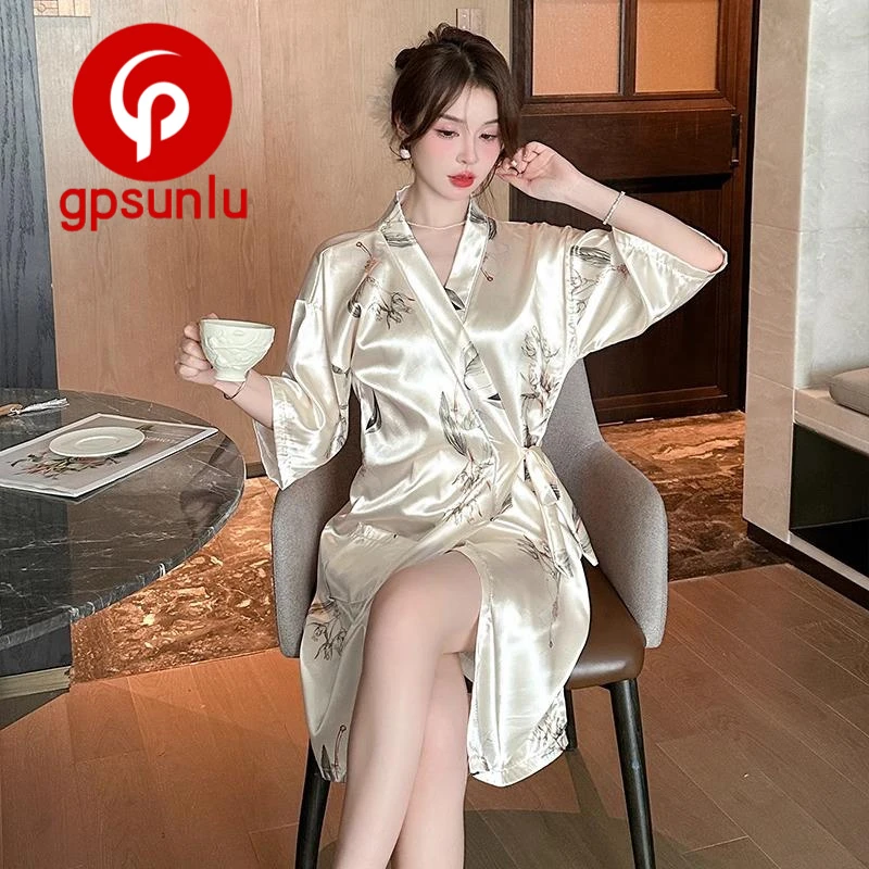 gpsunlu睡袍夏季丝绸新中式水墨冰丝睡衣2025新款中袖浴袍睡裙