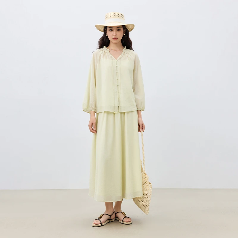 自巧小个子女装法式长袖衬衫半身裙套装显瘦度套装 25ZQ91162