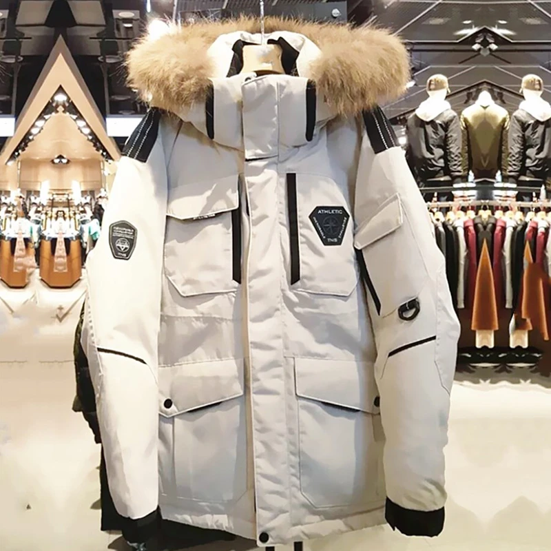 东北加厚白鸭绒羽绒服男女中长款连帽工装派克服冬季保暖防寒外套