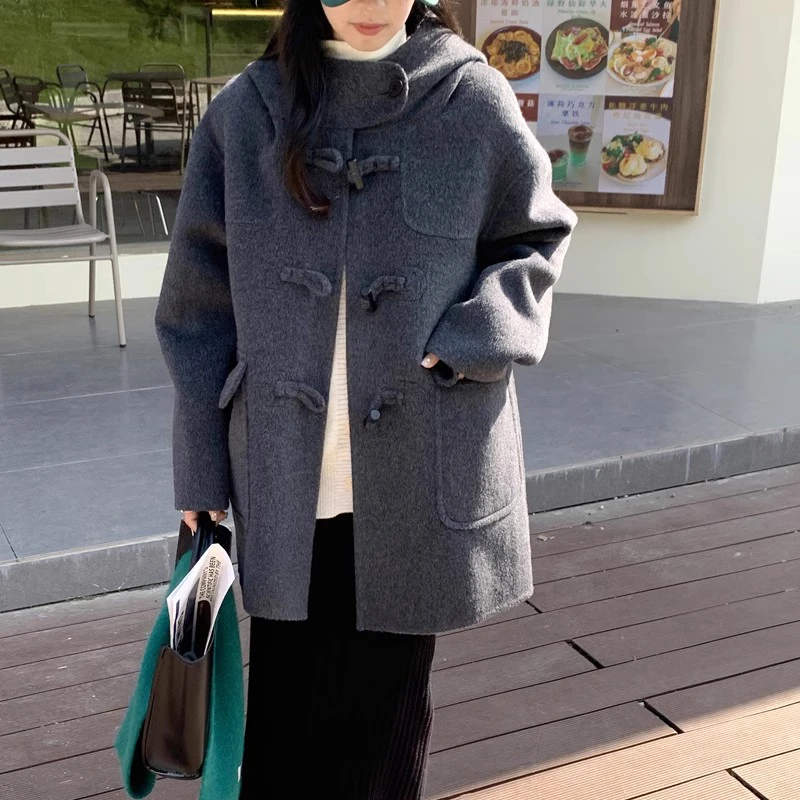 牛角扣连帽双面羊毛大衣女中长款羊毛呢外套加厚
