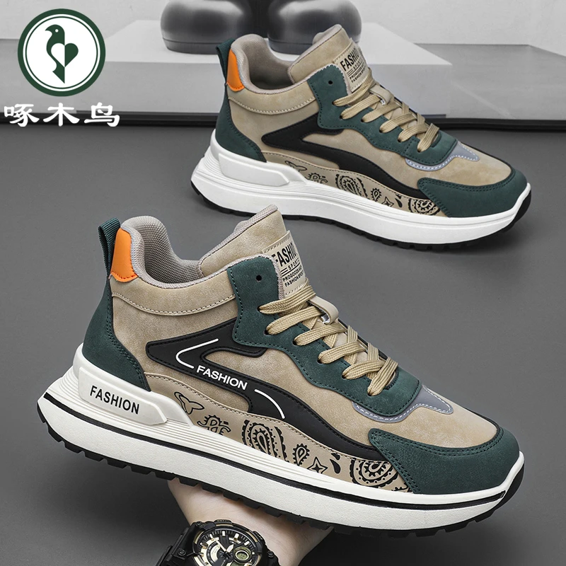 啄木鸟男鞋2025新款软底高帮休闲板鞋男士潮流百搭运动厚底阿甘鞋