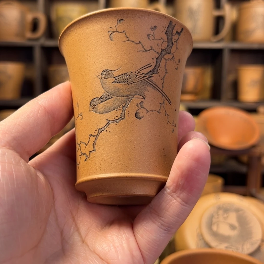 紫砂杯子缪*苇微瑕疵无锦盒小鸟刻绘紫砂主人杯
