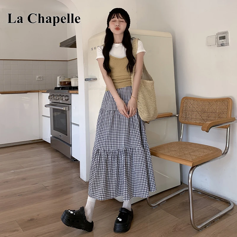 拉夏贝尔黑色韩系格子半身裙女夏高腰垂感a字伞裙长款显瘦蛋糕裙