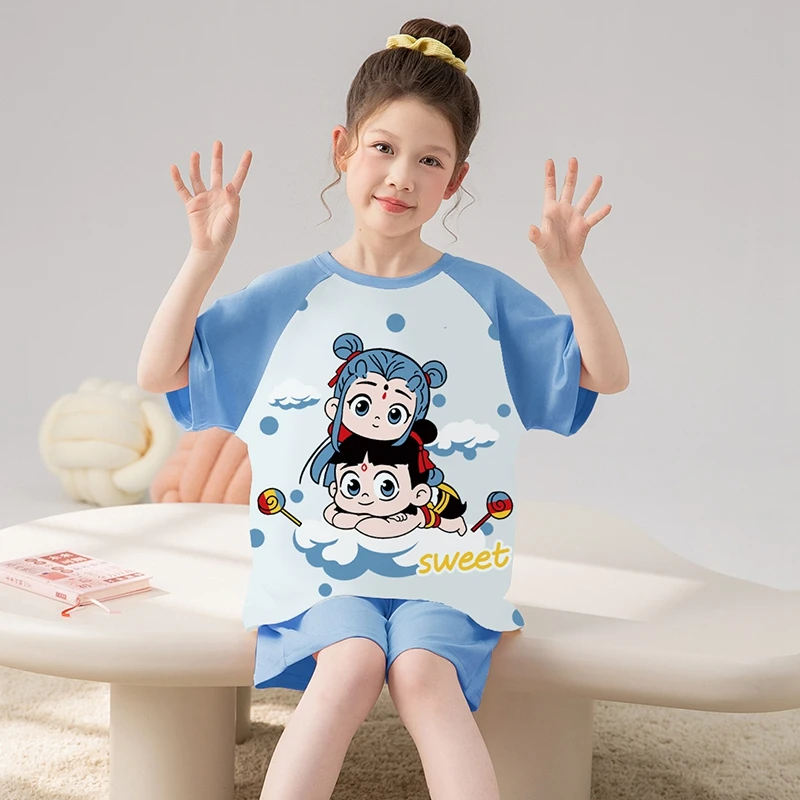 YUZHAOLIN/俞兆林中大童夏季新款卡通洋气女童纯棉圆领睡衣两件套