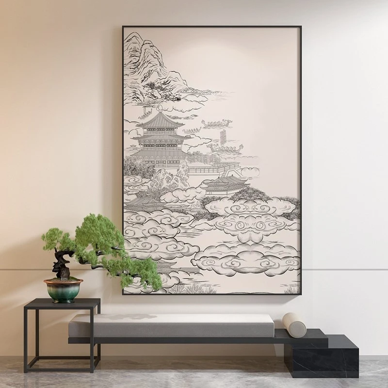 玄关装饰画新中式黑白灰竖版山水阁楼抽象客厅书房线条画临摹本