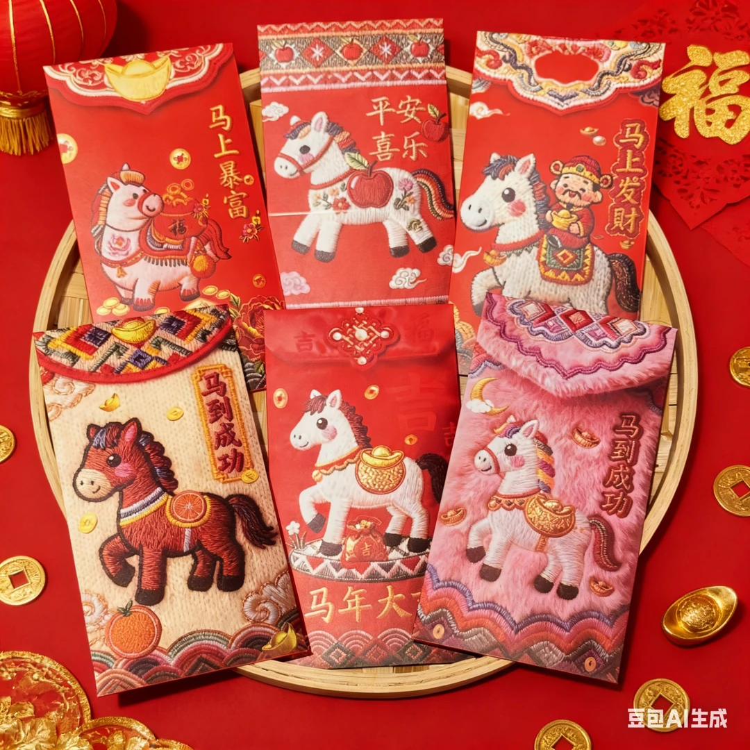 【卡通福马萌马红包】5D印刷爆款马年创意平面刺绣春节中式利是封