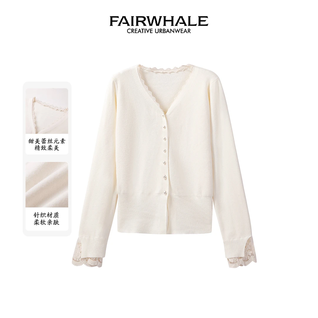 马克华菲女装甜美蕾丝拼接针织衫精致休闲珍珠扣上衣F51040A010