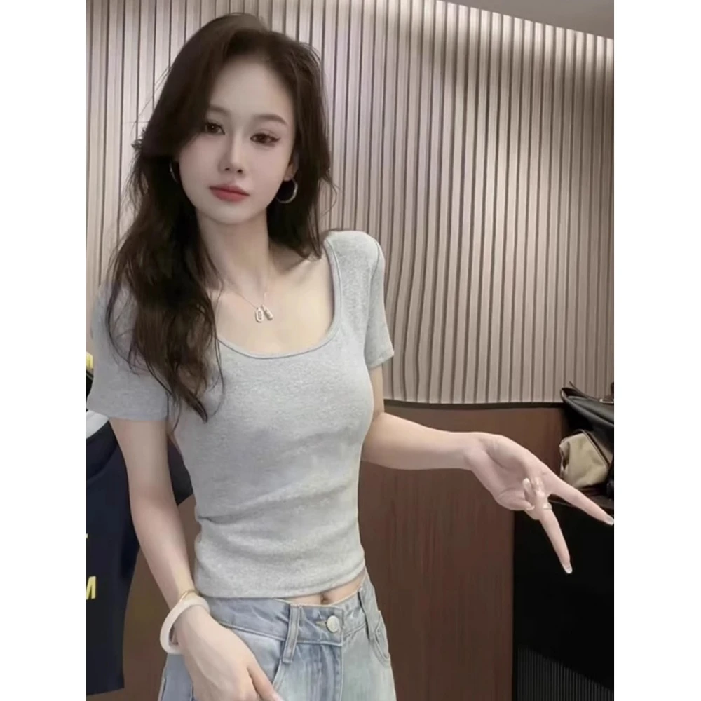 辣妹方领正肩短袖t恤女装夏季新款设计感小众修身显瘦U领短款上衣