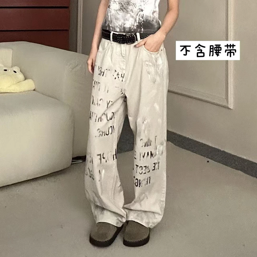 【青青】报纸美式街头涂鸦印花牛仔裤做旧直筒裤K25209无运补