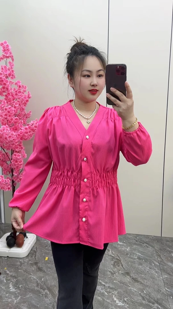 大码女装胖mm春季新款2025显瘦收腰松紧褶皱衬衫长袖遮肚时尚上衣
