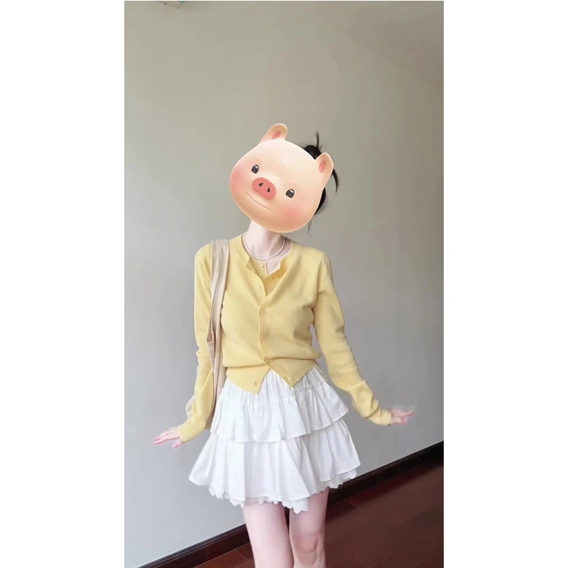 春季新款韩系温柔风黄色假两件长袖针织开衫女短款上衣蛋糕裙套装