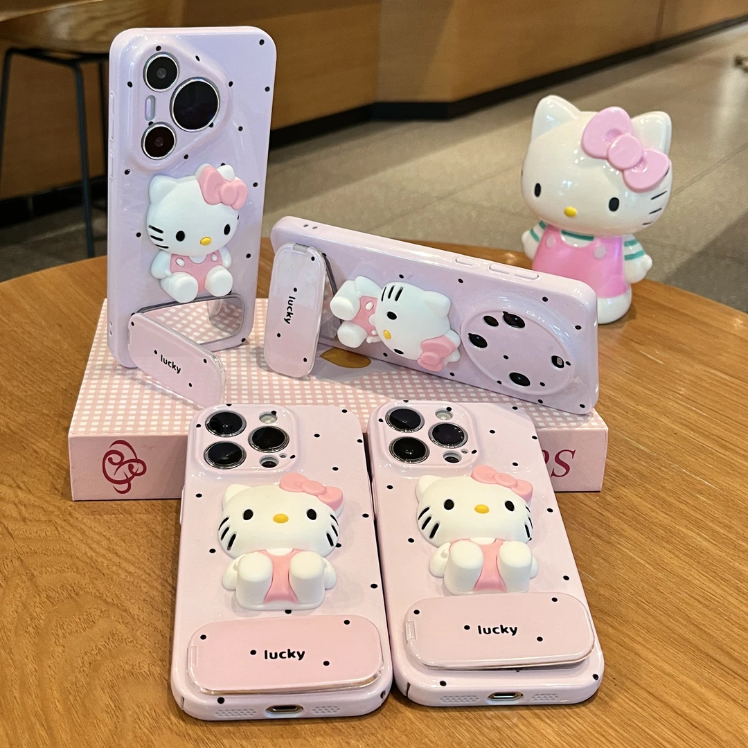 雅天立少女粉底波点可爱KT猫适用苹果16手机壳华为vivoppo小米15