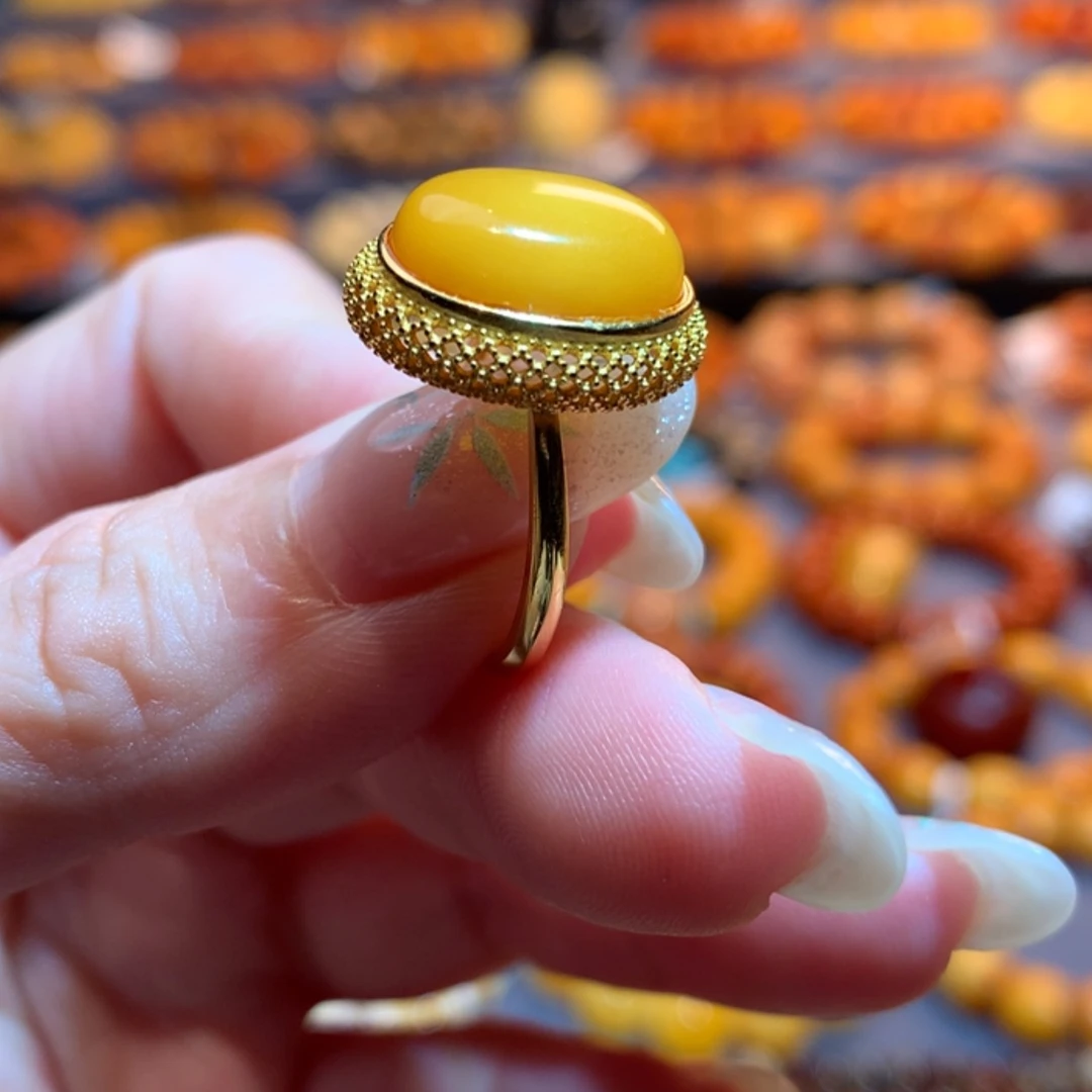 【闪购商品】银S925镀金镶嵌蜜蜡戒指蜜蜡戒指