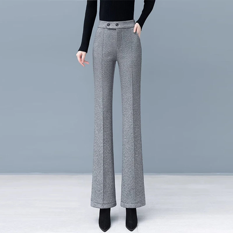 啄木鸟毛呢喇叭裤女春秋高腰毛呢裤子加绒加厚保暖休闲微喇裤子