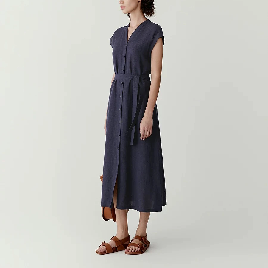 禾家夏季时尚女士亚麻短袖系带连衣裙