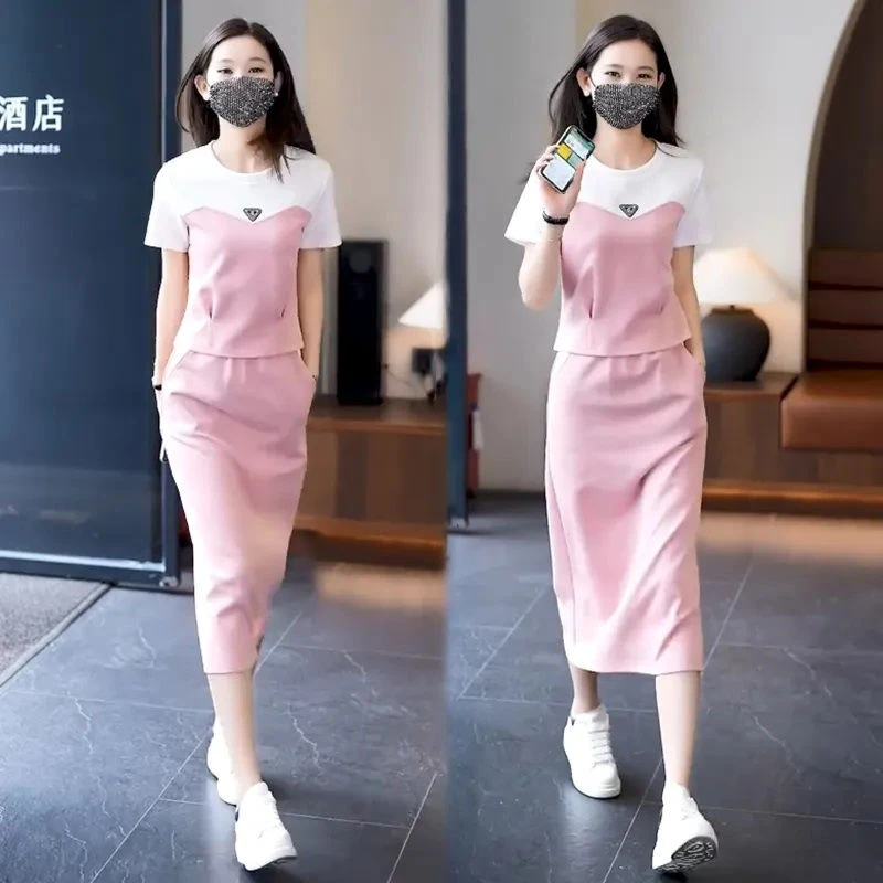 夏季套装女2024新款时尚气质减龄拼色短袖开叉半身裙洋气两件套潮