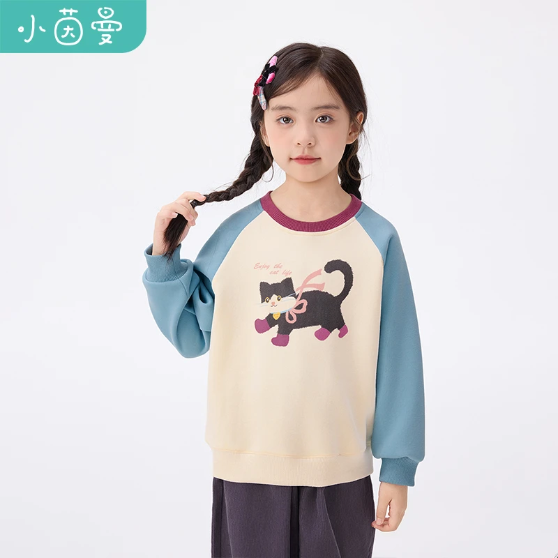 小茵曼女童圆领套头卫衣蝴蝶小猫印花25秋大童休闲上衣GO3853306