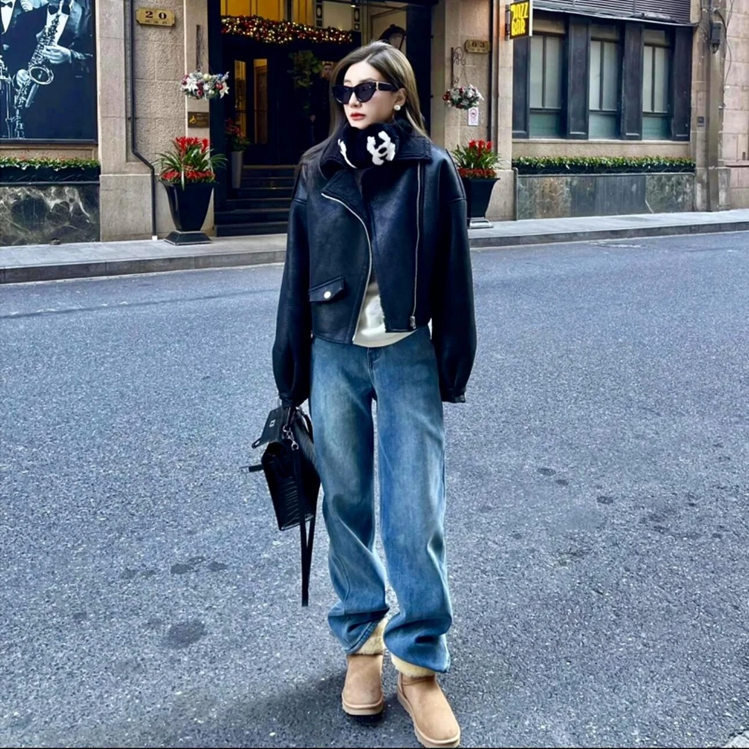 【现货】2024秋冬加绒阔腿牛仔裤女高腰窄版垂感百搭拖地裤显瘦直筒