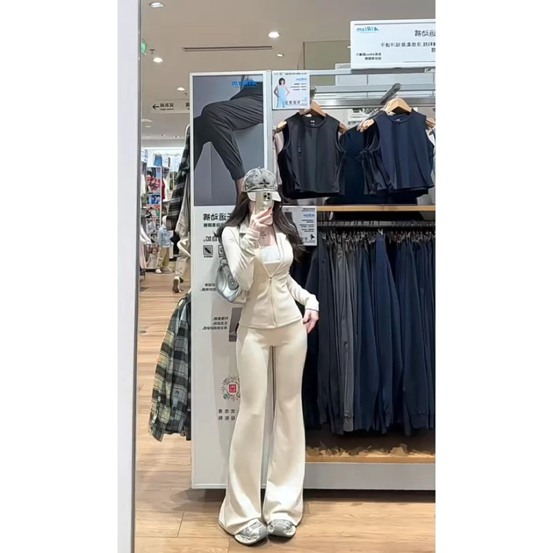 休闲时尚运动风修身百搭拉链长袖开衫简约显瘦高腰喇叭长裤两件套