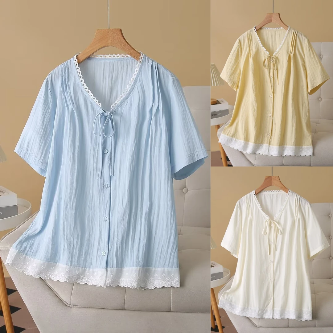 小清新甜美V领系带微胖mm加宽加大版型显瘦大码女装短袖衬衫衬衣