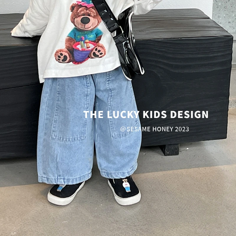 LZ7儿童裤子韩国童装宽松直筒洋气阔腿男女童牛仔裤B018