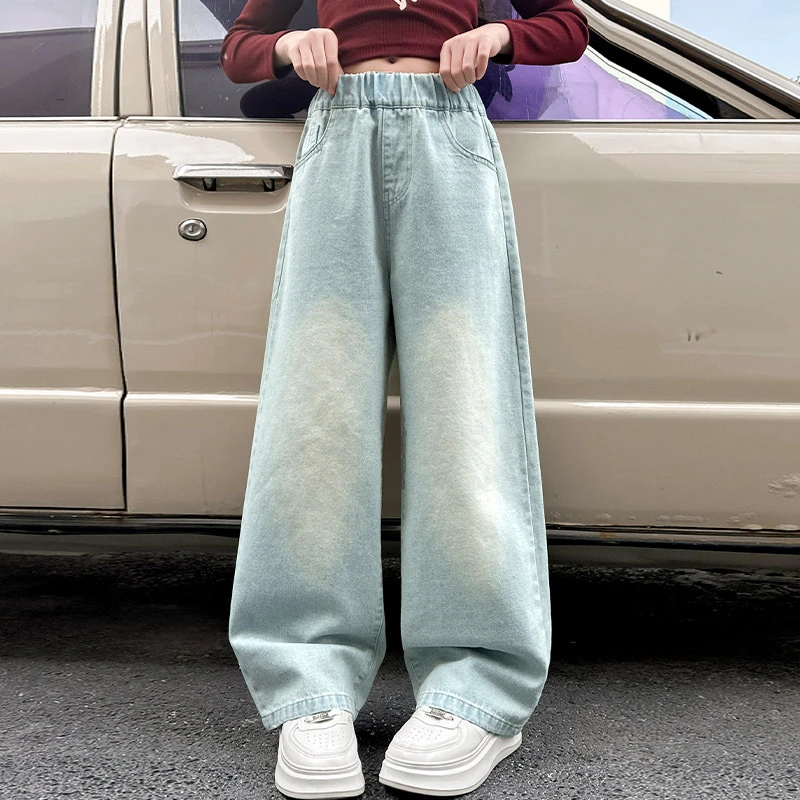 女童牛仔裤2025新款春秋装阔腿裤洋气儿新款阔腿裤爱心牛仔裤