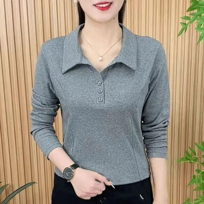 2025春季翻领长袖T恤女士新款时尚大码中年妈妈休闲宽松遮肉上衣