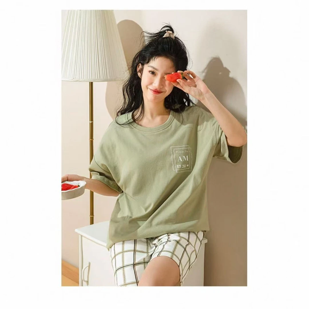 8464-女士（带胸垫）（绿色AM）双短居家套装
